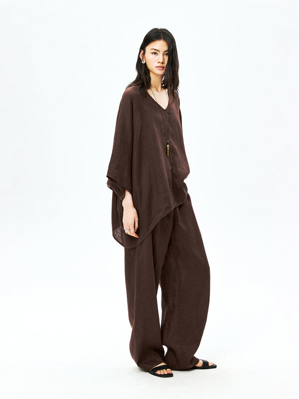 French Linen V-Neck Batwing Cape Blouse | Drop-Shoulder A-Line | Hi-Low Curved Hem | Women Top | MRS Studios
