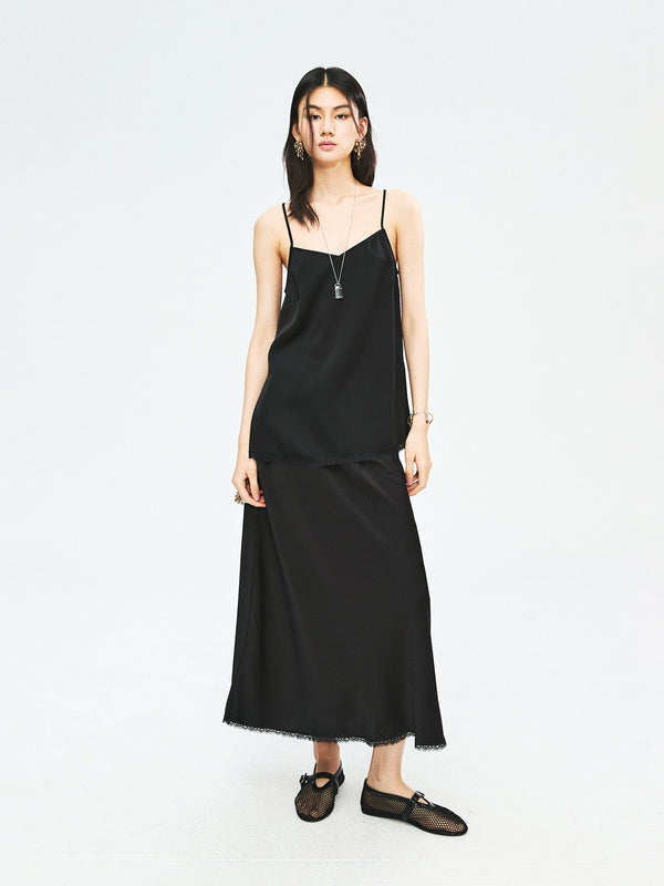 Japanese Triacetate Satin Strap Top and A-Line Skirt Set | Narrow Lace Trim | Side Slit Bias Skirt | Women Set | MRS Studios