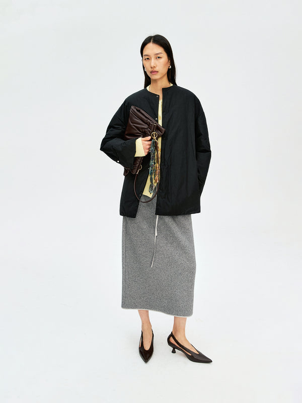 Memory Taffeta Padded Jacket | Round Neck Pearl-Button Cuffs | Water-Repellent | Women Jacket | MRS Studios