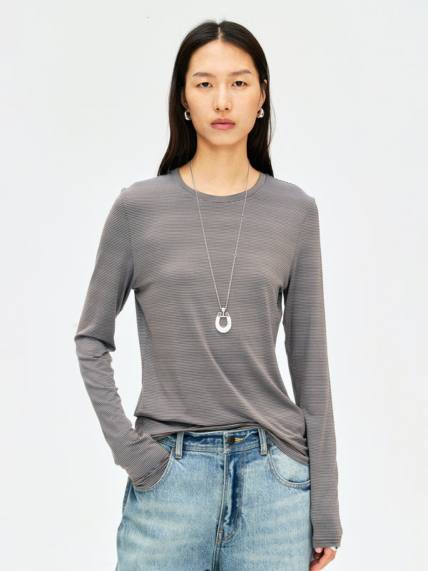 Japanese Lyocell Pinstripe Base Top | Long Sleeve Slim Fit | Soft Breathable | Women Tops | MRS Studios