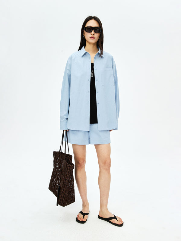 Pima Cotton Salt-Shrunk Blouse & Shorts Set | Back-Button Pocket Design | Shell Button Closure | Women Set | MRS Studios