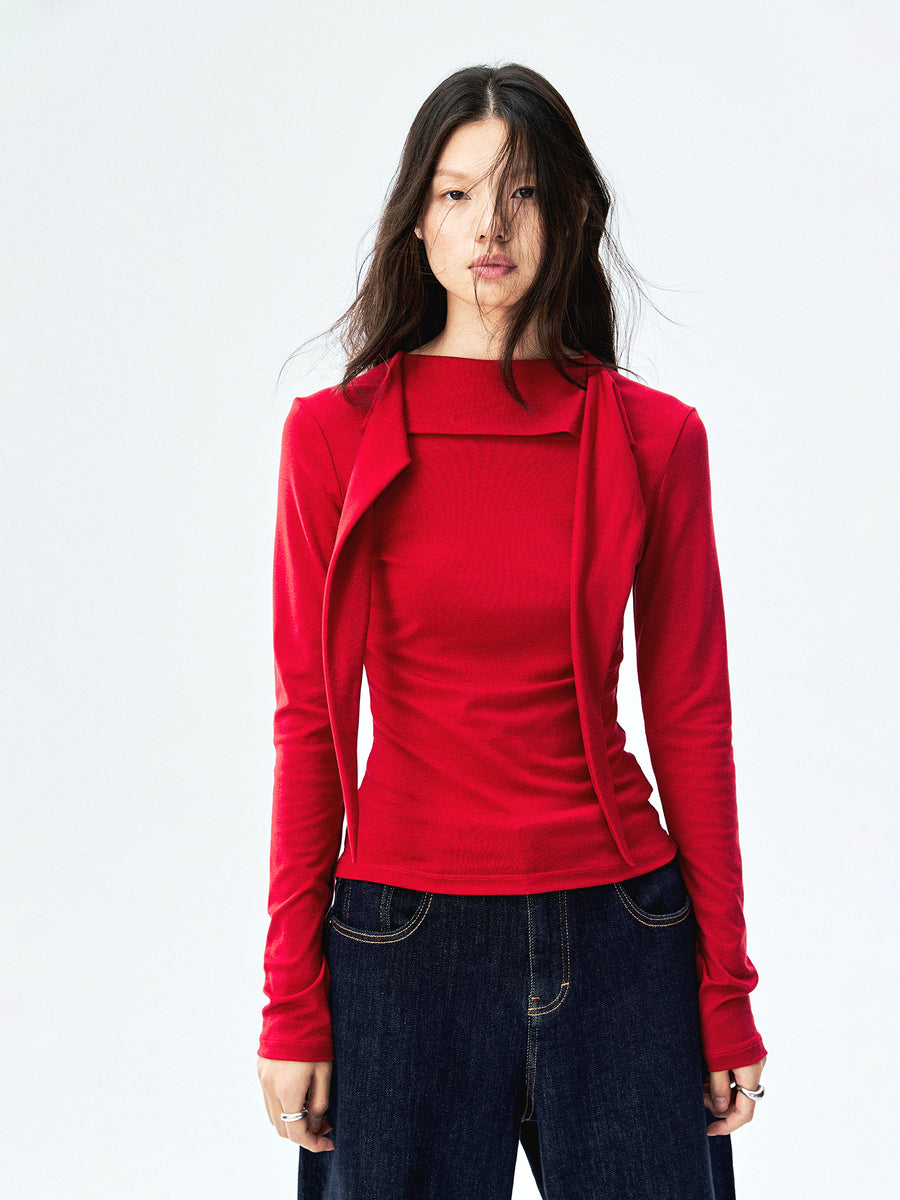 Lyocell Merino Rib Knit Tie-Neck Top