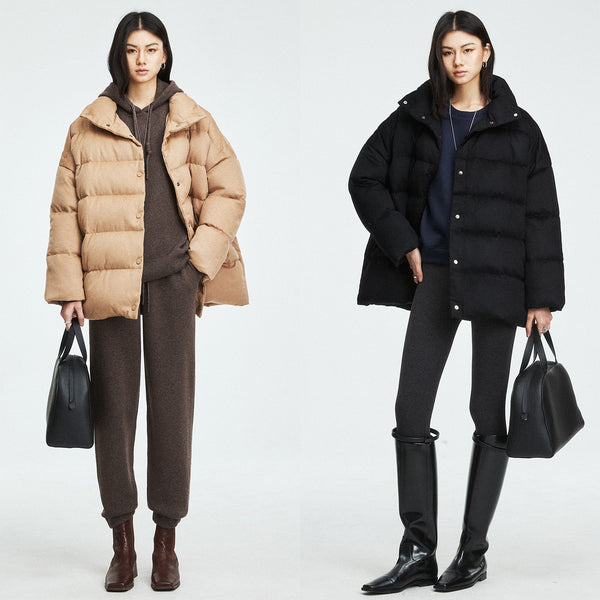 Lightweight Camel Hair Down Jacket | 90% White Goose Down | Stand Collar Bread-Puffer | Women Down Jacket | MRS Studios