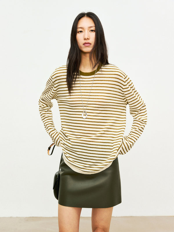 Linen Cotton Blend Striped Knit Pullover | Airy Sun-Protection Layer | Crew Neck Long Sleeve | Women Knitwear | MRS Studios