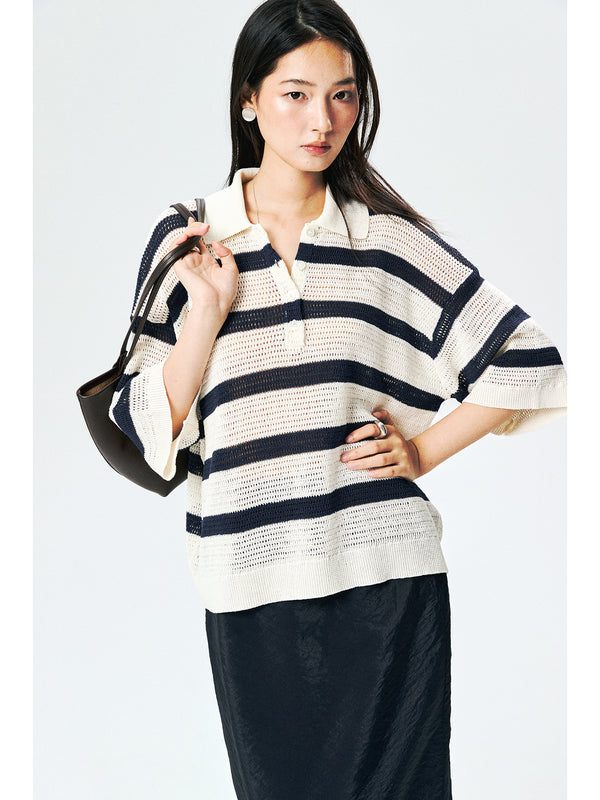 Washi Paper Yarn Knit Polo | Open-Mesh Stripes | Drop-Shoulder Mid-Sleeve | Women Knitwear | MRS Studios