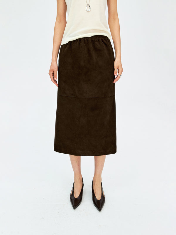 Reversed Suede Lambskin Midi Skirt | Elastic Waist with Back Slit | Imported Lamb Suede | Women Skirt | MRS Studios