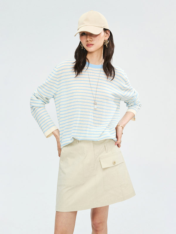 Linen Cotton Blend Striped Knit Pullover | Airy Sun-Protection Layer | Crew Neck Long Sleeve | Women Knitwear | MRS Studios