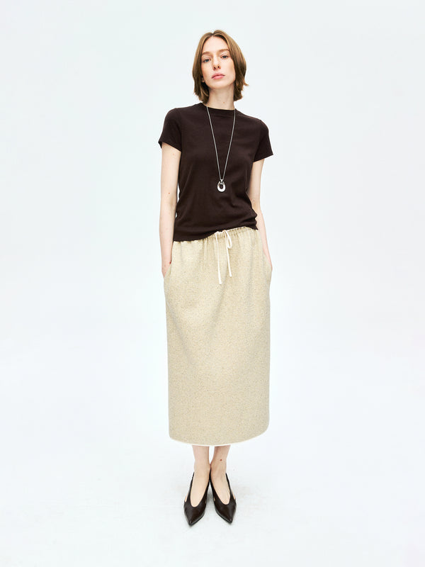 Textured Wool–Cotton Knit Skirt | Silk Trim Elastic Waist | Back Vent | Casual Sweat Skirt | Women Skirt | MRS Studios