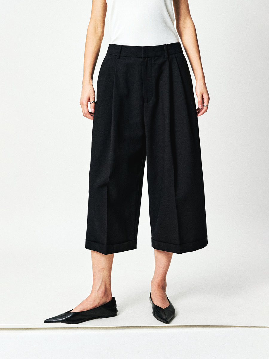 Merino Wool Blend Pleated Wide-Leg Trousers