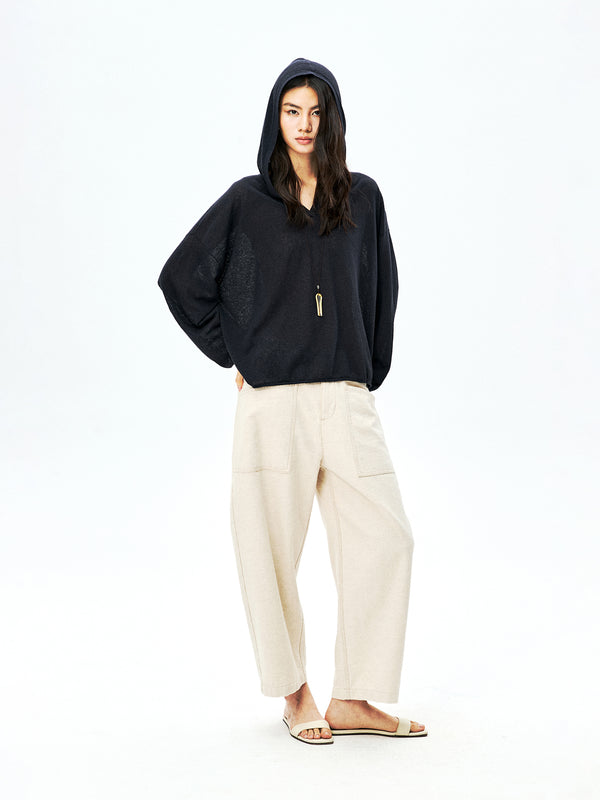 Linen Cotton Hooded Sun-Protection Overshirt | Drop-Shoulder Relaxed Fit | V-Neck Ribbed Cuff | Women Top | MRS Studios