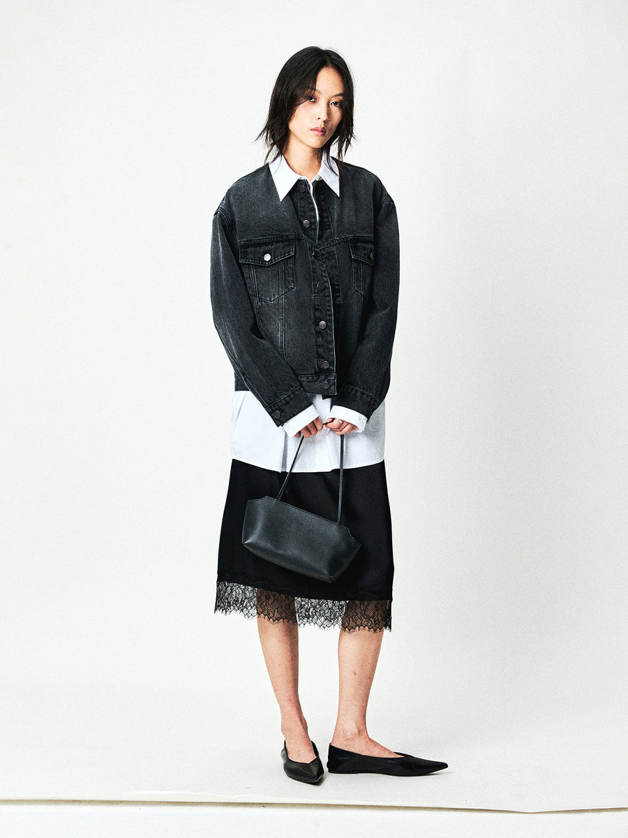 Washed Cotton Denim Collarless Jacket, view 6