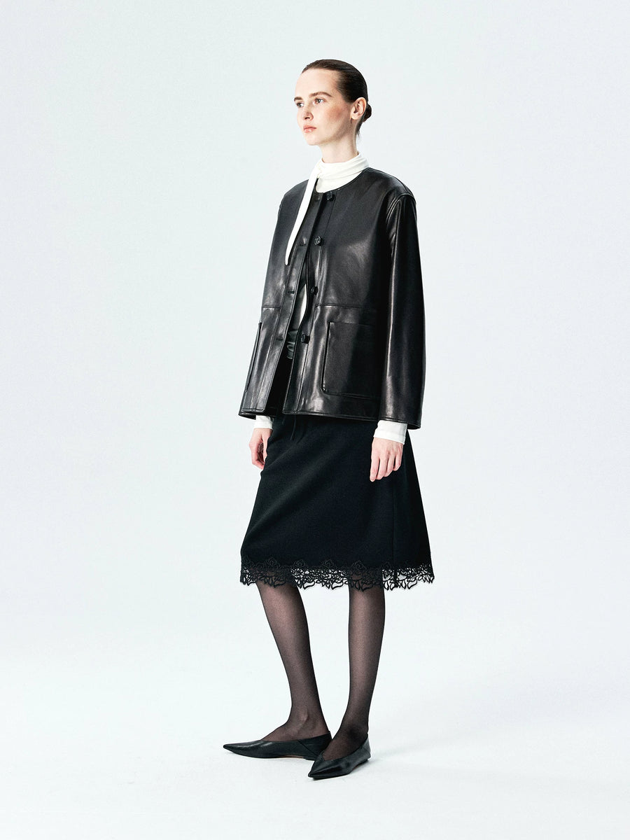 Spanish Lambskin Collarless Leather Jacket, view 4