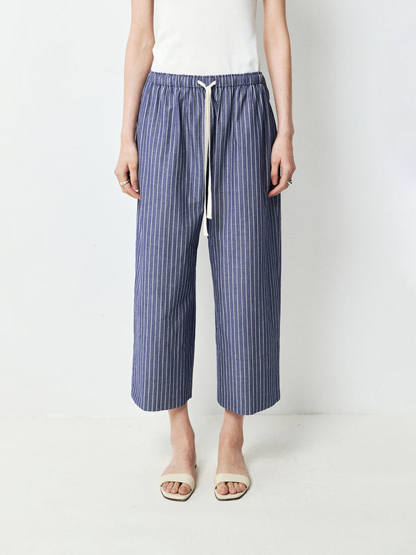 Cotton Hemp Yarn-Dyed Stripe Pants | Salt-Shrunk Crinkle Texture | Drawstring Elastic Waist | Women Pants | MRS Studios