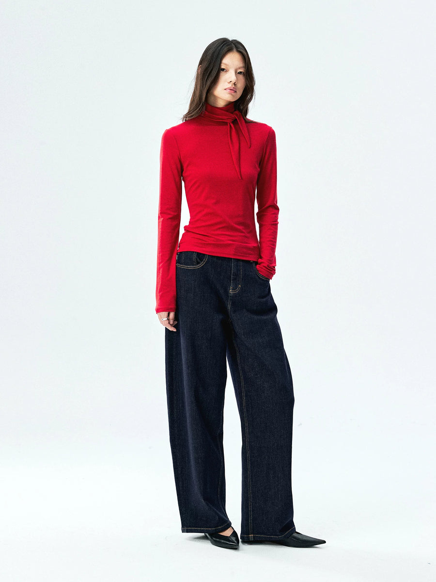 Lyocell Merino Rib Knit Tie-Neck Top, view 5