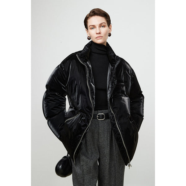 Short Glossy Down Puffer Jacket | Stand Collar with Two-Way Zip | Futuristic Design | Shiny Black Winter Coat | MRS Studios