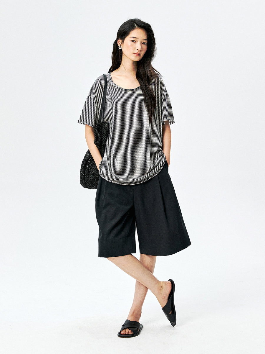 French Linen Blend Striped Tee, view 4
