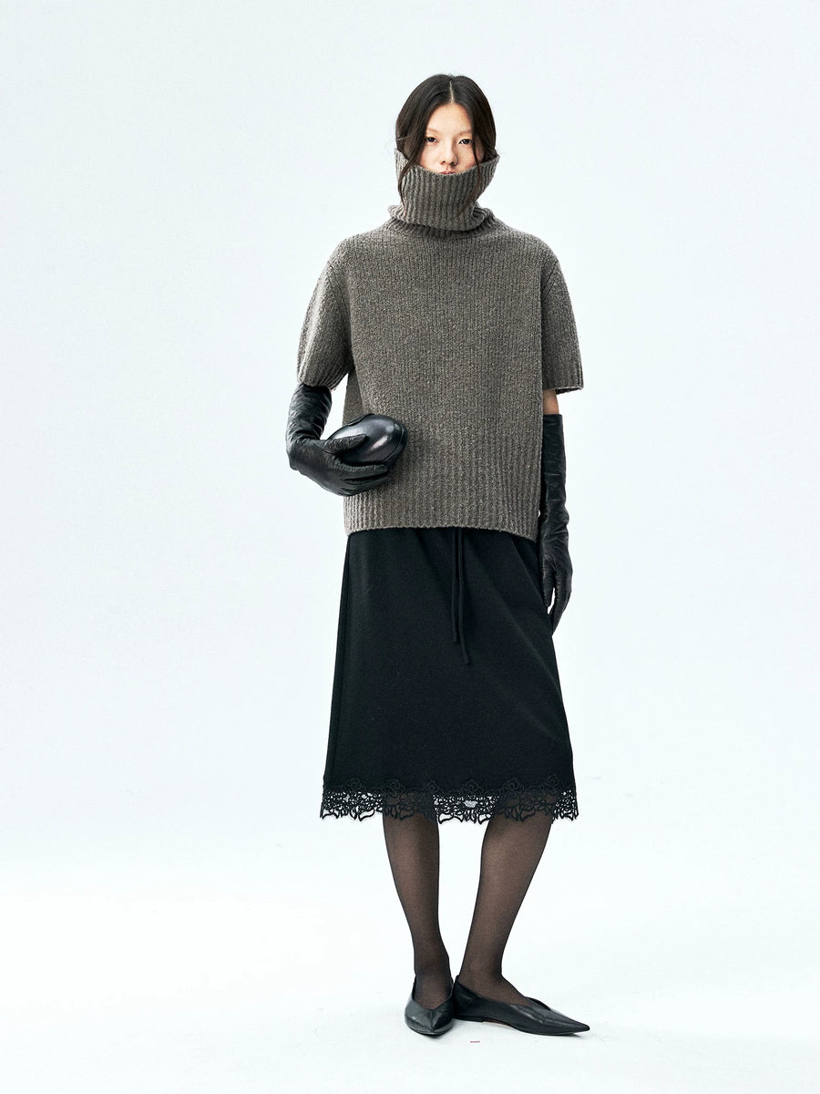 Merino Wool Ponte Lace-Hem Skirt, view 3