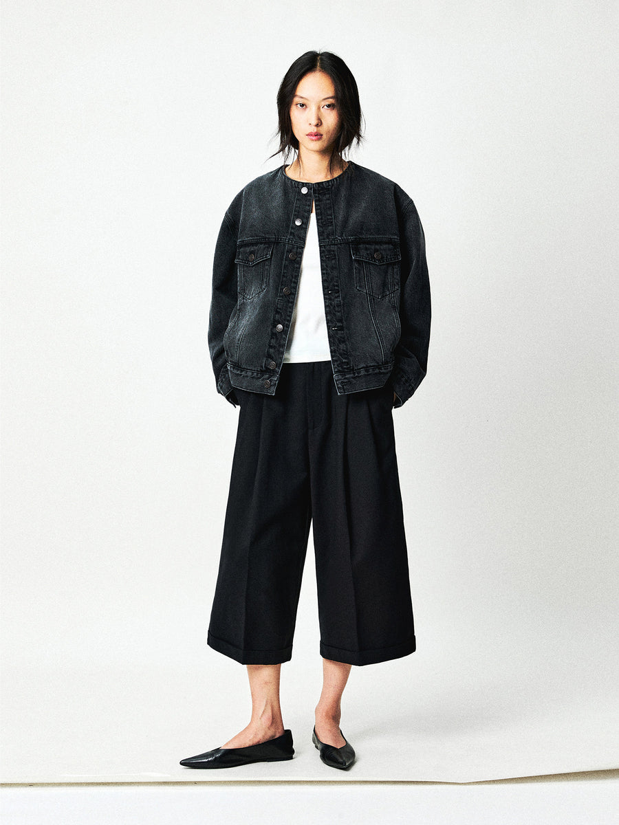 Merino Wool Blend Pleated Wide-Leg Trousers, view 3