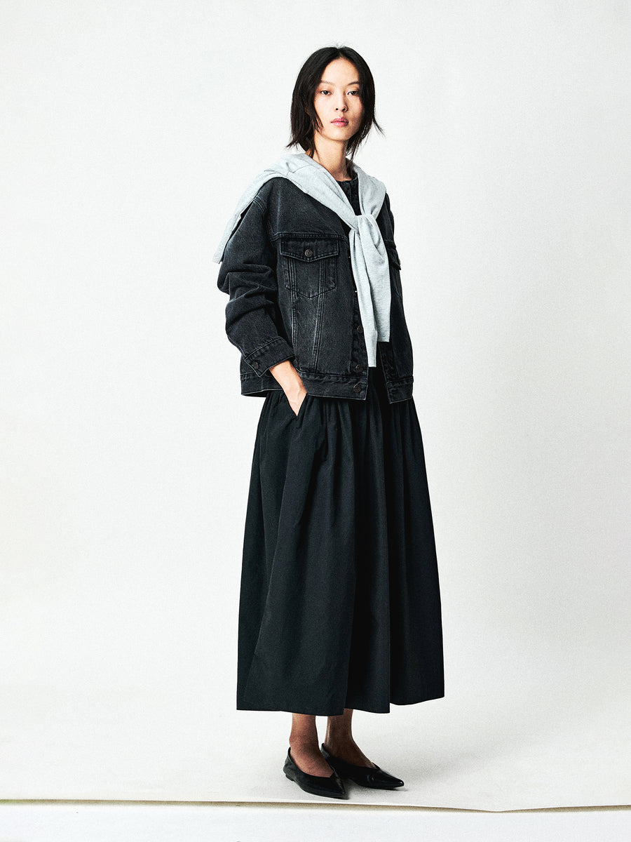 Washed Cotton Denim Collarless Jacket, view 7
