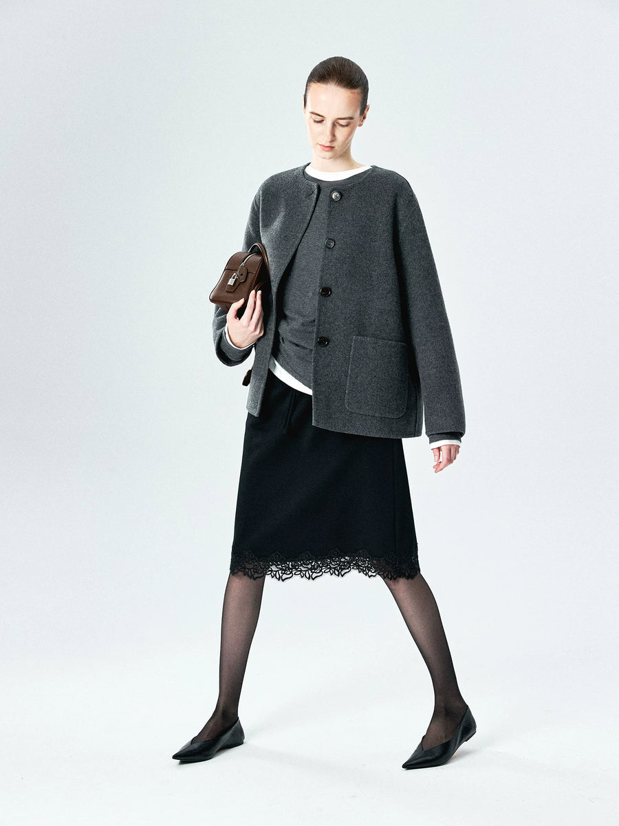 Double-Faced Wool Cashmere Collarless Jacket, view 5