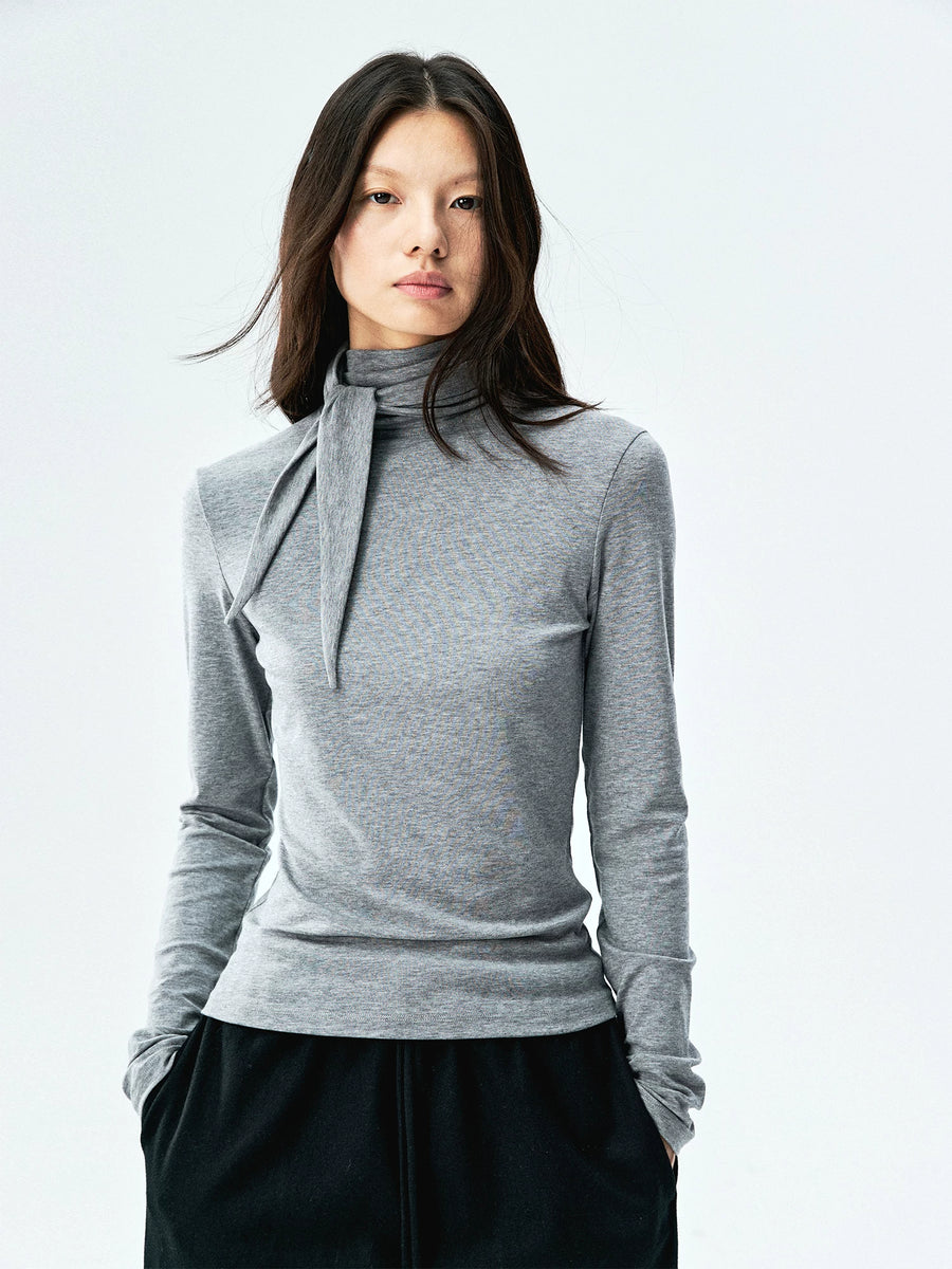 Lyocell Merino Rib Knit Tie-Neck Top, view 3