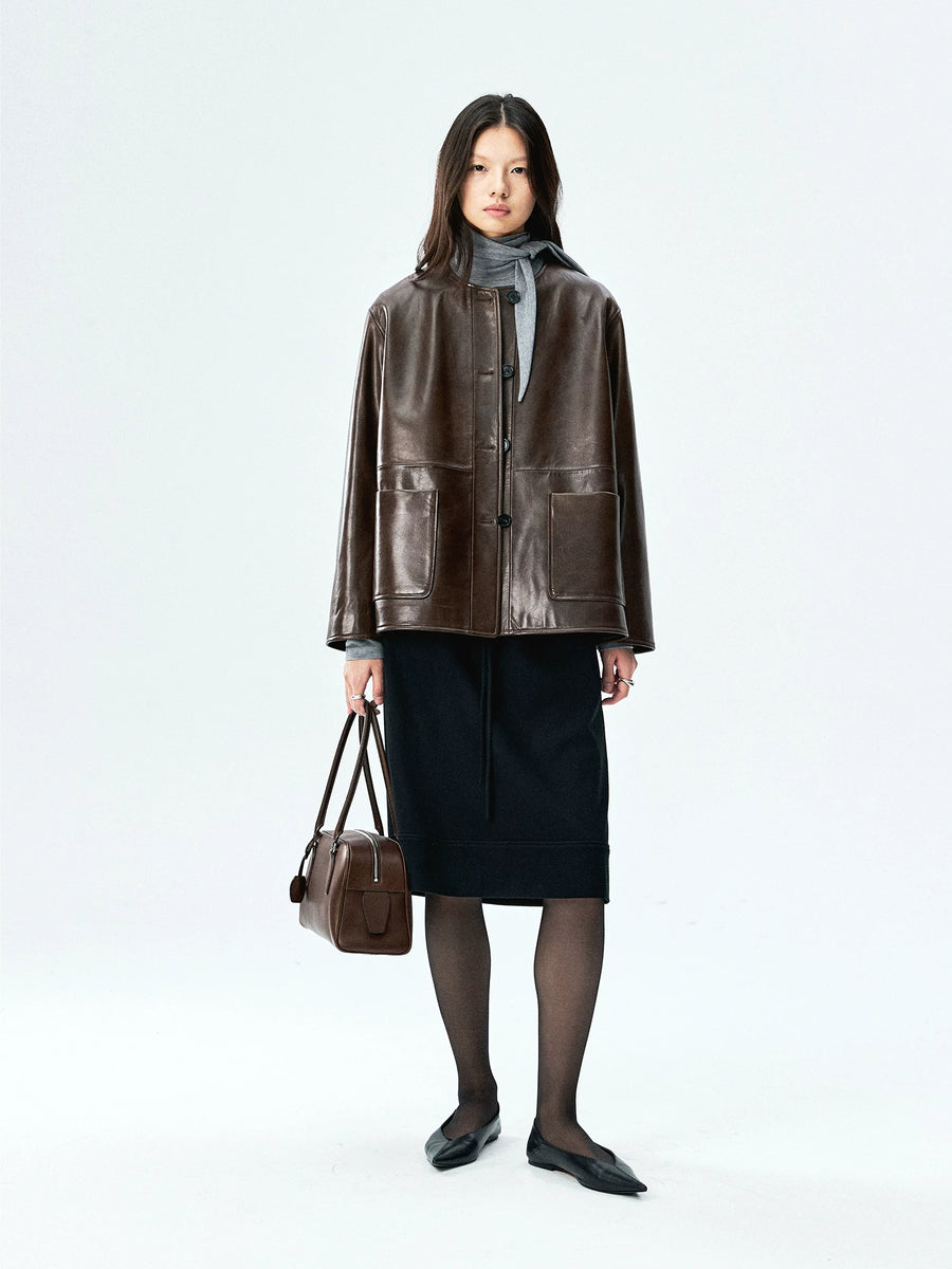 Spanish Lambskin Collarless Leather Jacket, view 6