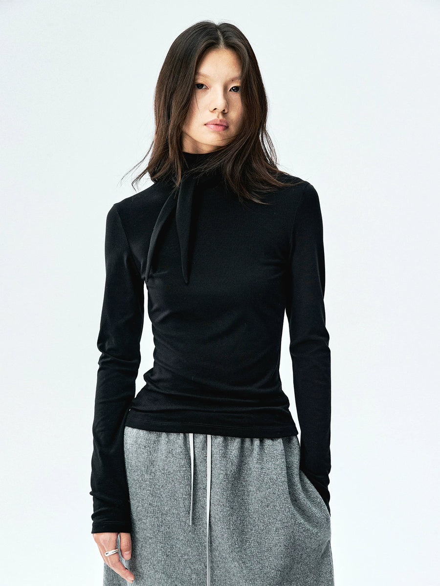 Lyocell Merino Rib Knit Tie-Neck Top, view 4