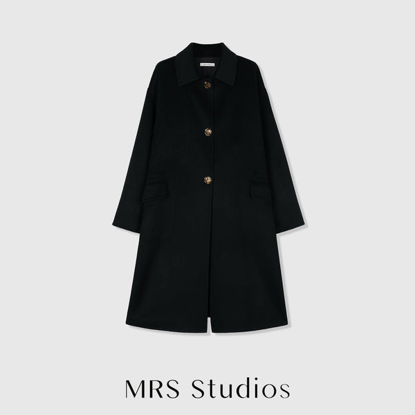 Structured Notched Lapel Wool Coat | Double-Faced Wool | Vintage Gold Button | A-Line Silhouette | Women Coat | MRS Studios