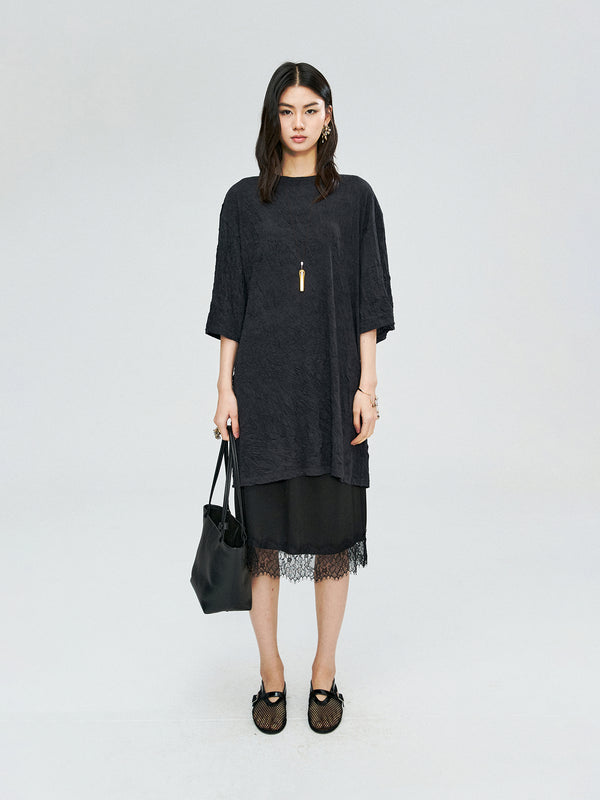 Wash-Crinkle Jersey T-Shirt Dress | Origami Crumpled Texture | Drop Shoulder Mid Sleeve | Women Dress | MRS Studios
