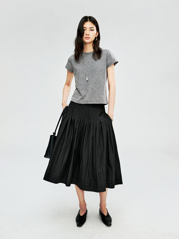 Cotton Linen Melange T-Shirt | Yarn-Dyed Granular Texture | Set-In Sleeve Slim Cut | Women Top | MRS Studios