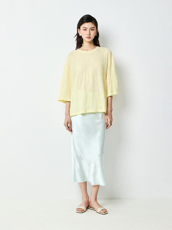 Japanese Origami-Texture Knit T-Shirt | Washed Crinkle Finish | Cropped Drop-Shoulder Cut | Women Top | MRS Studios