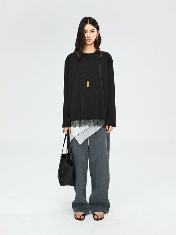 Japanese Cotton Drop-Shoulder T-Shirt | Eyelash Lace Hem Trim | Drop Shoulder Mid Sleeve | Women Top | MRS Studios