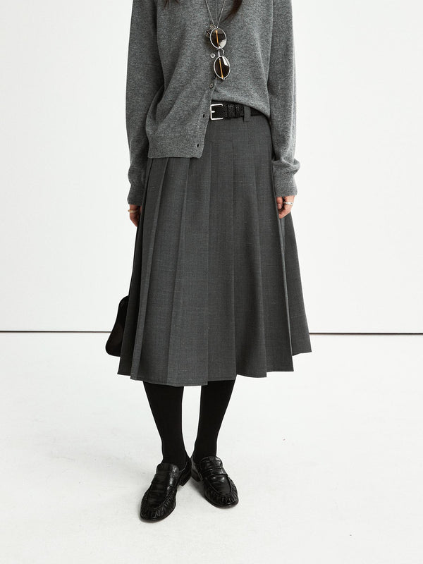 Women’s Retro Pleated Midi Skirt | Wool-Linen Blend with Bamboo Knot Texture | Classic A-Line Wide Pleats | MRS Studios