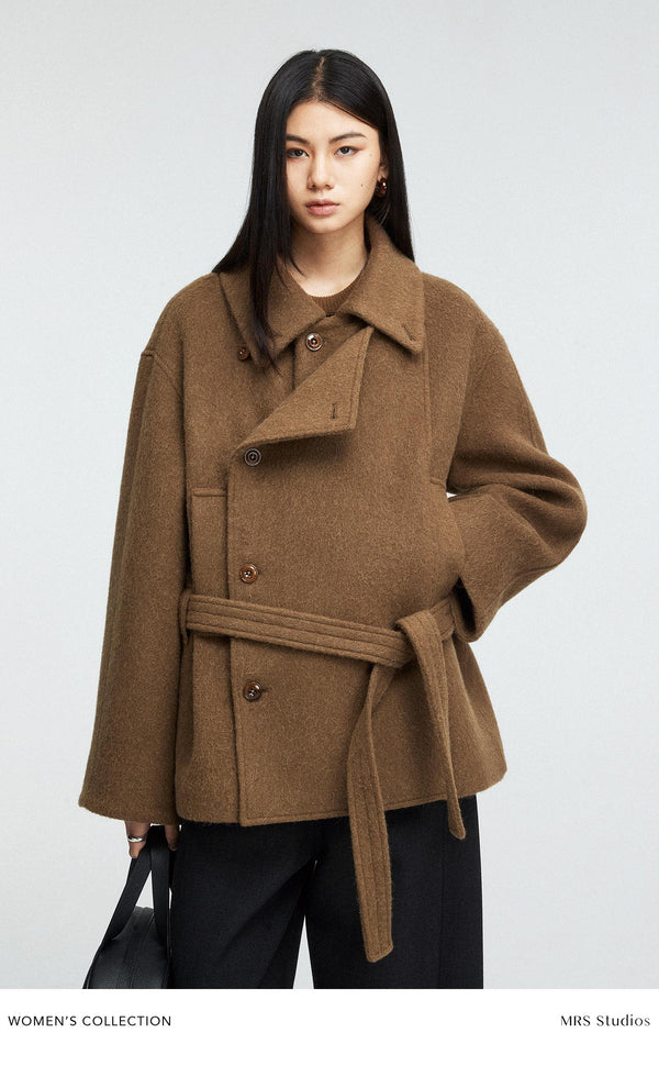 Alpaca Wool Blend Short Coat | Loose Double-Breasted Placket | Wide Lapel & Drop-Shoulder | Women Coat | MRS Studios