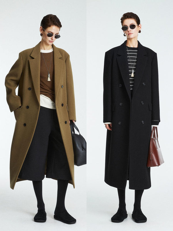 Long Cashmere Wool Blend Coat | H-Line Double Breasted Design | Straight Fit with Notch Lapel | Women Coat | MRS Studios