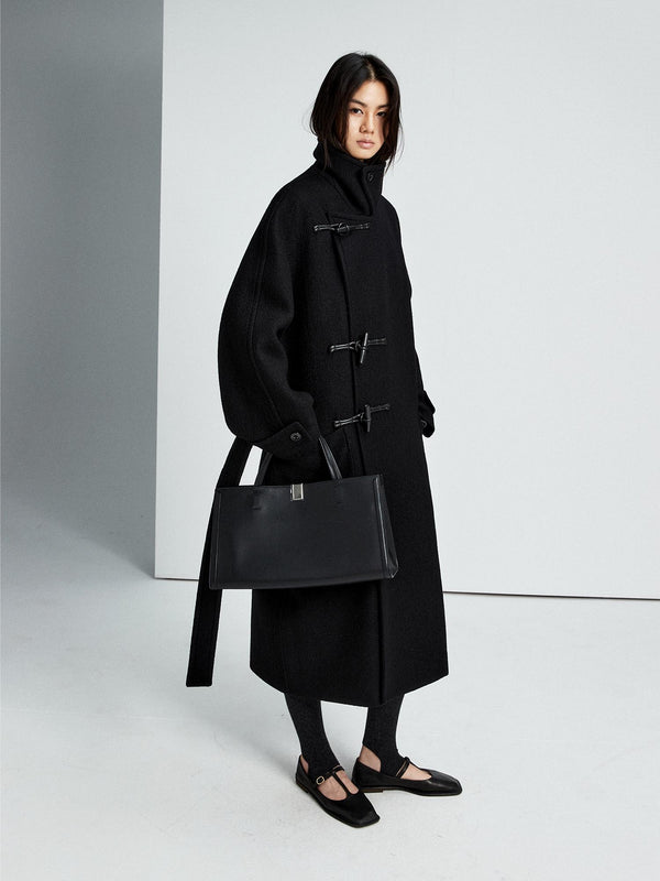 Long Asymmetric Toggle Wool Coat | Wooden Horn Buttons | Stand & Fold Collar Design | Long Length | Structured Oversized Fit | MRS Studios