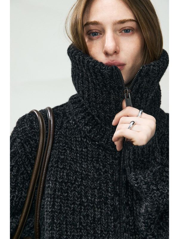 Chunky Wool Yak Blend High Collar Cardigan | Ribbed Knit | Cropped T-Silhouette | Women Knitwear | MRS Studios