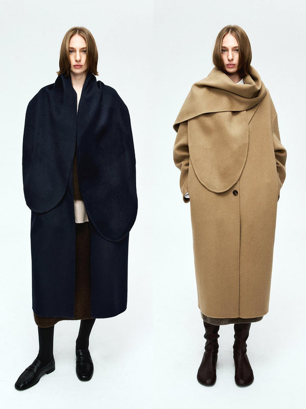 Wool Cashmere Double-Faced Coat | Minimal Cocoon Silhouette | Rounded Scarf | Long Wool Coat | MRS Studios