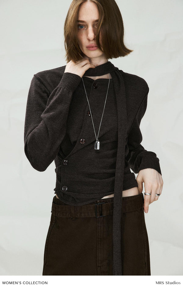 Asymmetric Wool Knit Cardigan | Drape Collar | Slanted Button Design | Sculpted Fit | Women Cardigan | MRS Studios