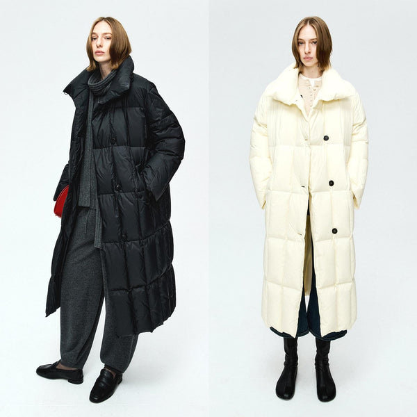 Lightweight Long Down Coat | 90% White Goose Down | Oversized Winter Coat with High Collar | MRS Studios