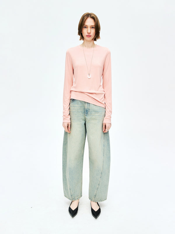 Acetate Wool Rib Knit Long Sleeve Top | Crew Neck Base Layer | Soft Second-Skin T-Shirt | MRS Studios