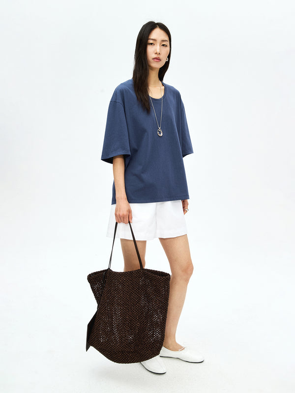 Wide U-Neck Slub Cotton T-Shirt | Dry-Touch Snowflake Cotton | Relaxed Oversized Fit | Women Top | MRS Studios