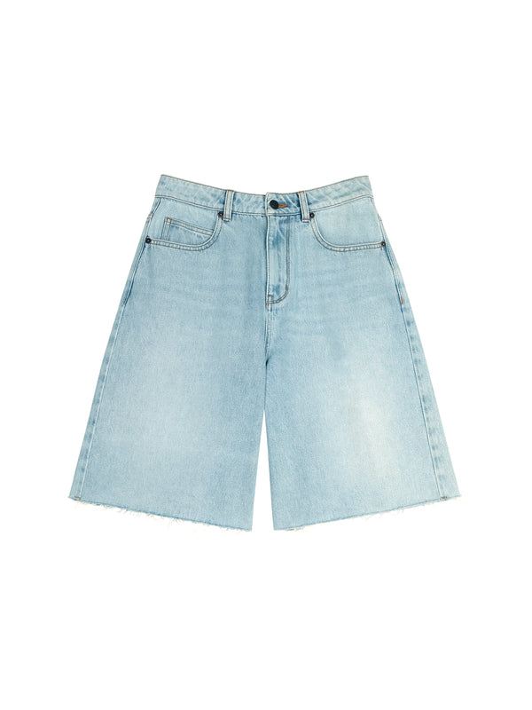 Long-Staple Cotton Bermuda Denim Shorts | Stone-Washed Vintage Finish | Hand-Frayed Hem | Women Jeans | MRS Studios
