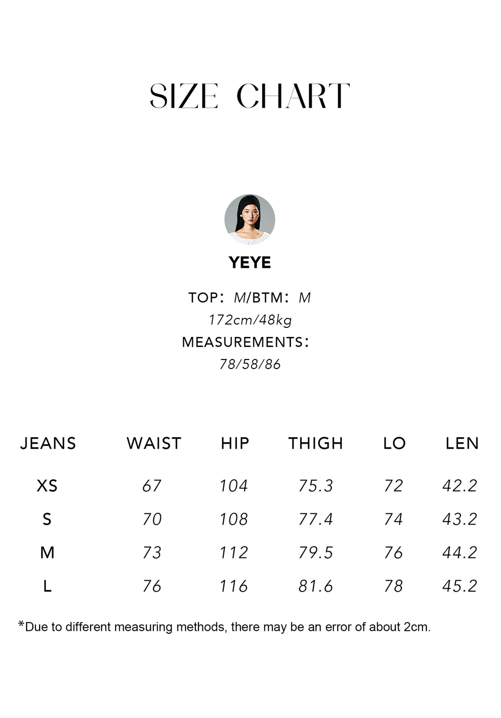 Size chart for Cotton Denim Shorts