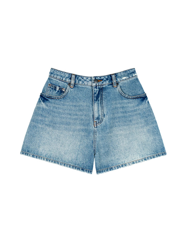 Long-Staple Cotton Denim Shorts | High-Waist A-Line | Distressed Detailing | Women Shorts | MRS Studios