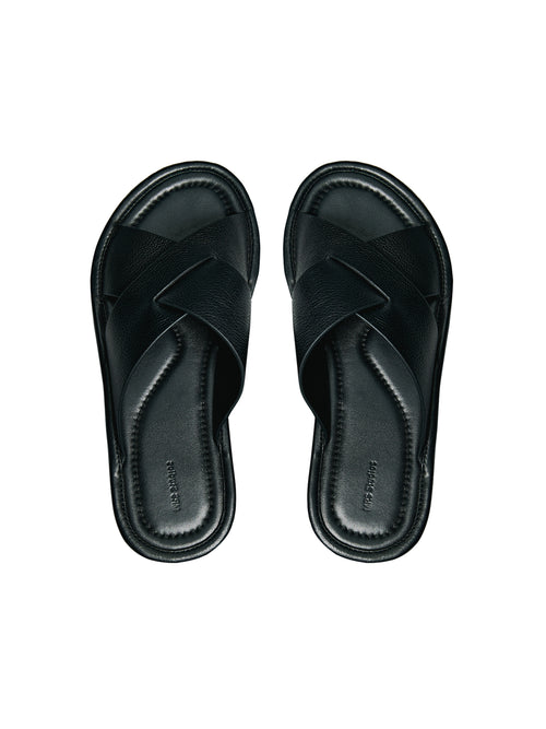 Calfskin Cross-Strap Mules | Lychee-Grain Leather | Leather Sole | Women Shoes | MRS Studios