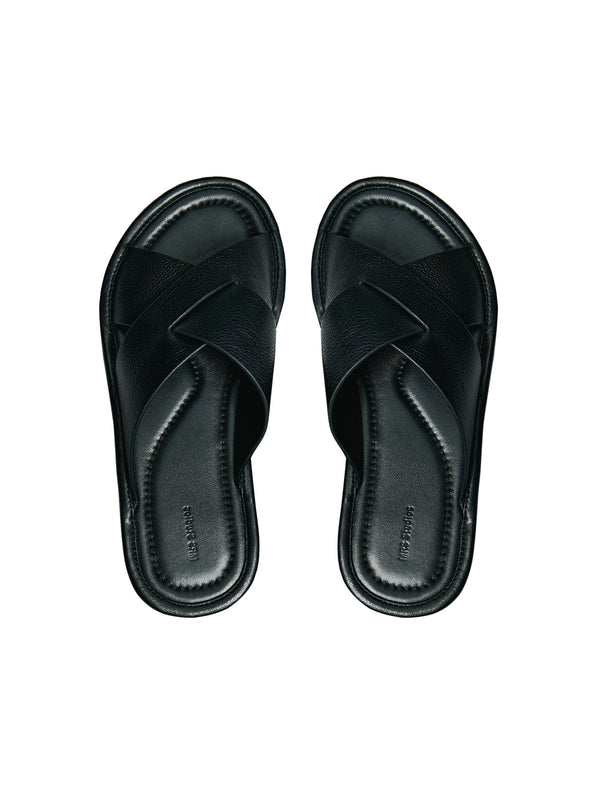 Calfskin Cross-Strap Mules | Lychee-Grain Leather | Leather Sole | Women Shoes | MRS Studios