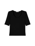 Acetate Mulberry Silk Ribbed Tee | Wide Round Neck | Mid Sleeve Slim Fit | Women Top | MRS Studios