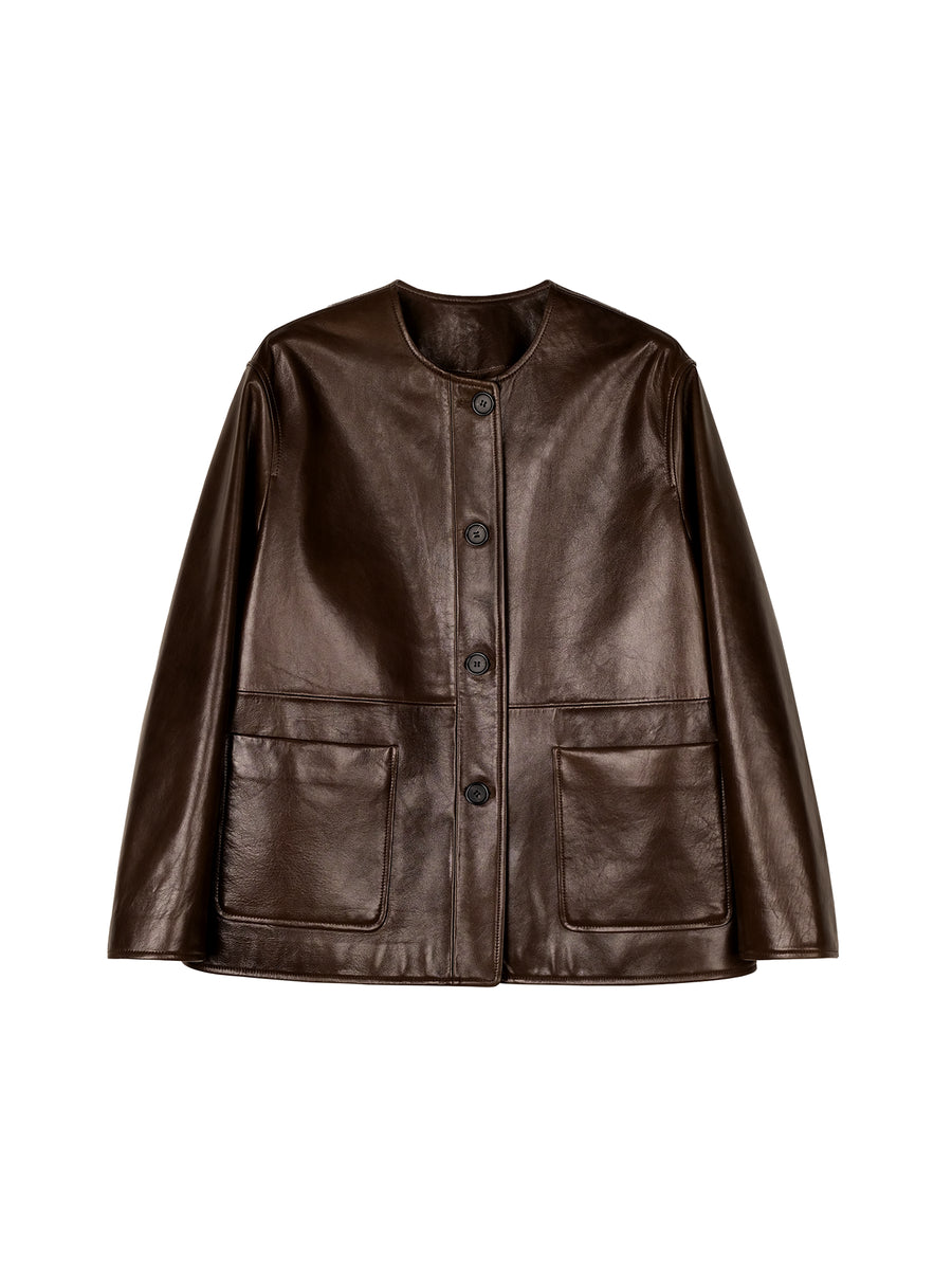 Spanish Lambskin Collarless Leather Jacket, view 7