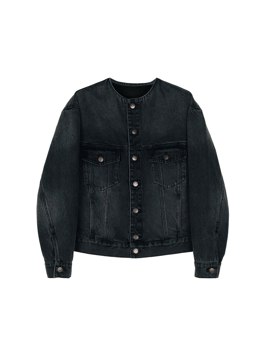 Washed Cotton Denim Collarless Jacket, view 12